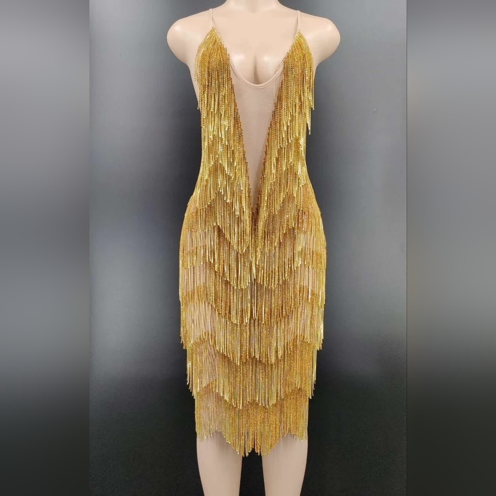 Gold rhinestone chain waterfall dress